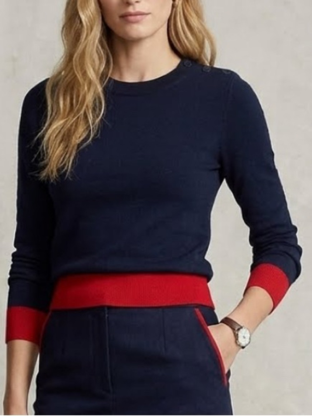 BR Merino Wool Navy Blue Sweater with Red Trim Shoulder Buttons